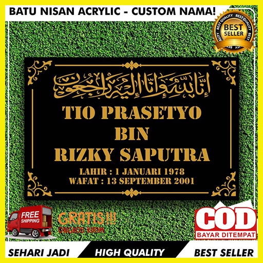 (SEHARI JADI) PAPAN NAMA NISAN ISLAM CUSTOM AKRILIK MAKAM / PRASASTI TULISAN UKIR NAMA / TULISAN NIS