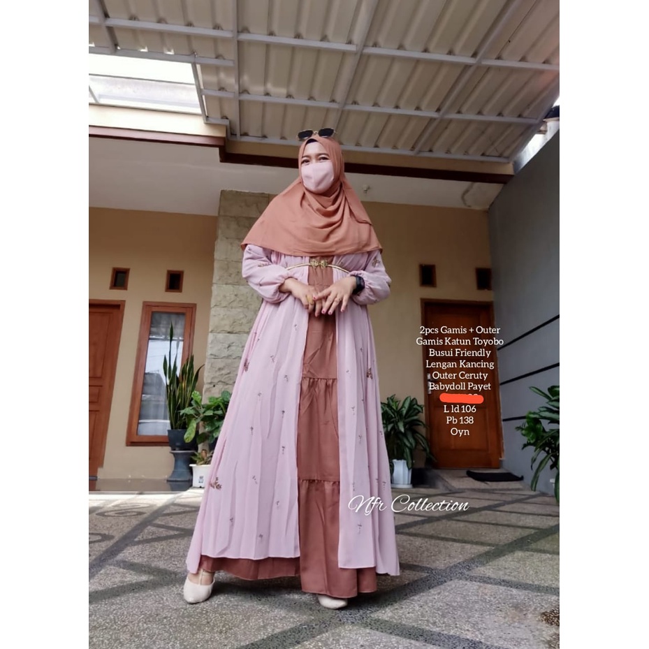 set gamis katun toyobo dan outer ceruti babydoll payet 2 in 1 marsya polos busui M ld 100 L ld 106 X