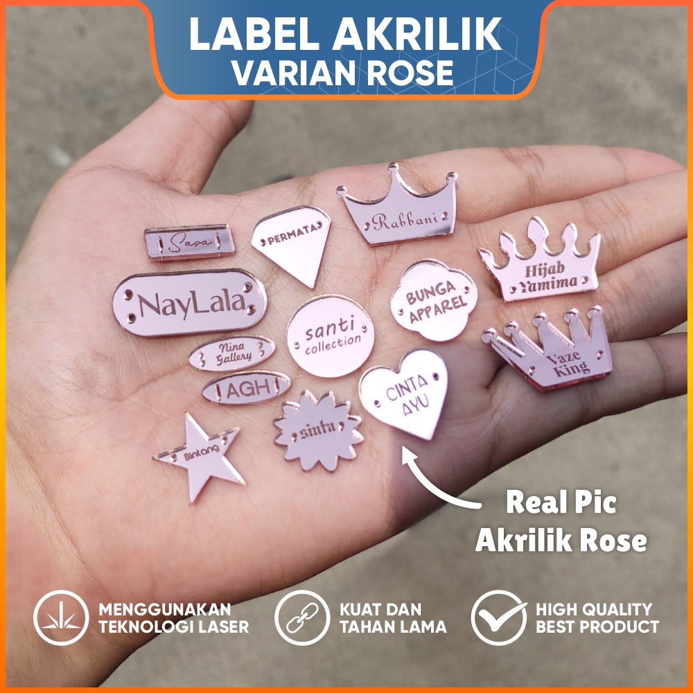 [ TERMURAH ] LABEL Akrilik ROSE GOLD CUSTOM untuk Rebranding Hijab / Kerudung / Baju / Gamis / Abaya / Dress Maxy Scarf Acrylic Jilbab Mirror Produk Branding Merk Lebel Grosir Hang Tag Grafir Laser Cutting Clothing