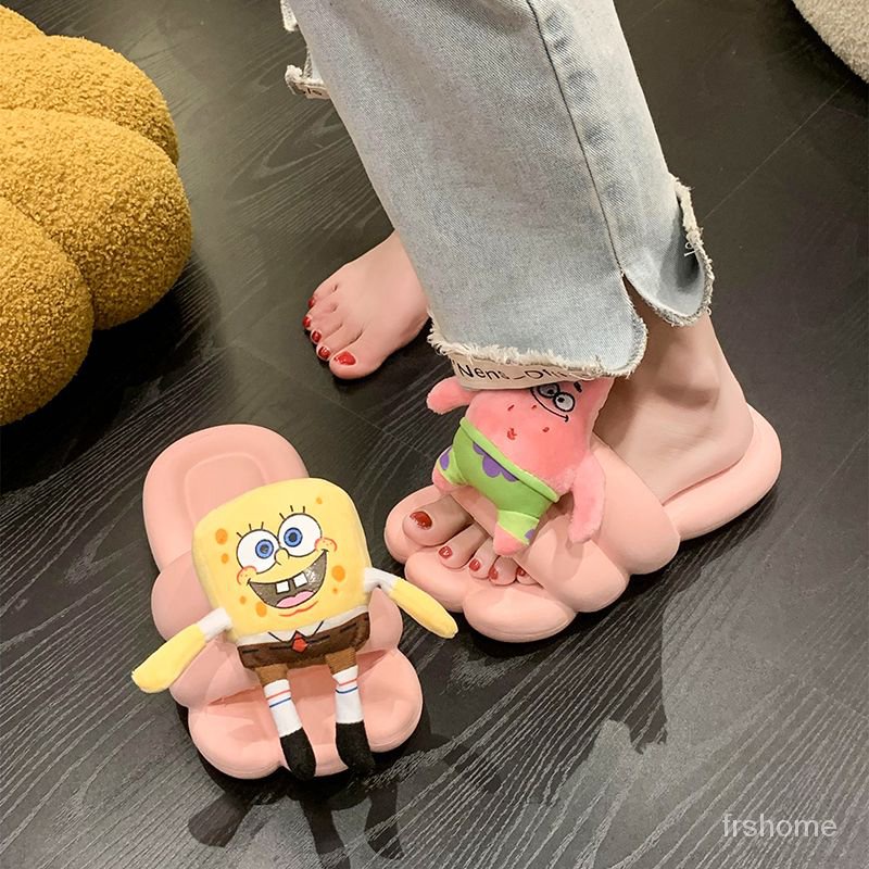 Sandal wanita SpongeBob SquarePants sandal dasar datar yang lucu sandal bawah yang lembut sandal jep