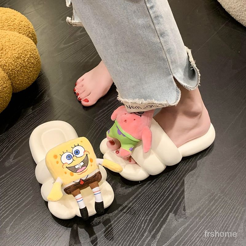 Sandal wanita SpongeBob SquarePants sandal dasar datar yang lucu sandal bawah yang lembut sandal jep