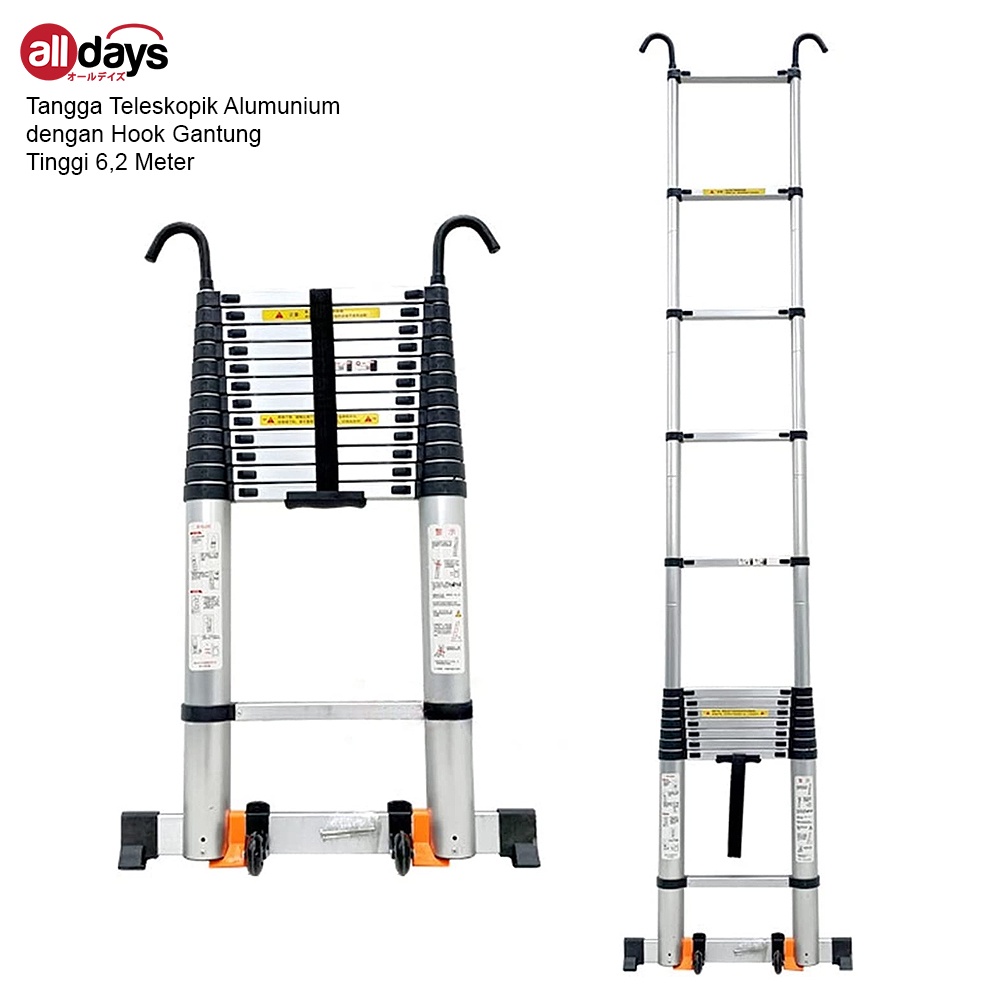 Alldays Tangga Lipat Teleskopik Single 6,2 METER (With Hook) Alumunium Ladder Bahan Kuat, Praktis, Simple