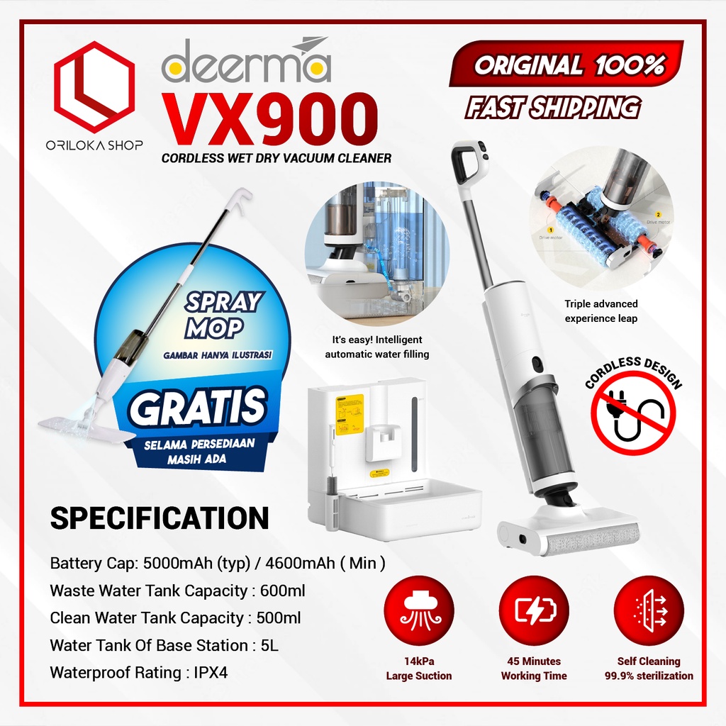 Deerma VX900 Vacuum Cleaner Wet and Dry Floor Wash - Penyedot Debu