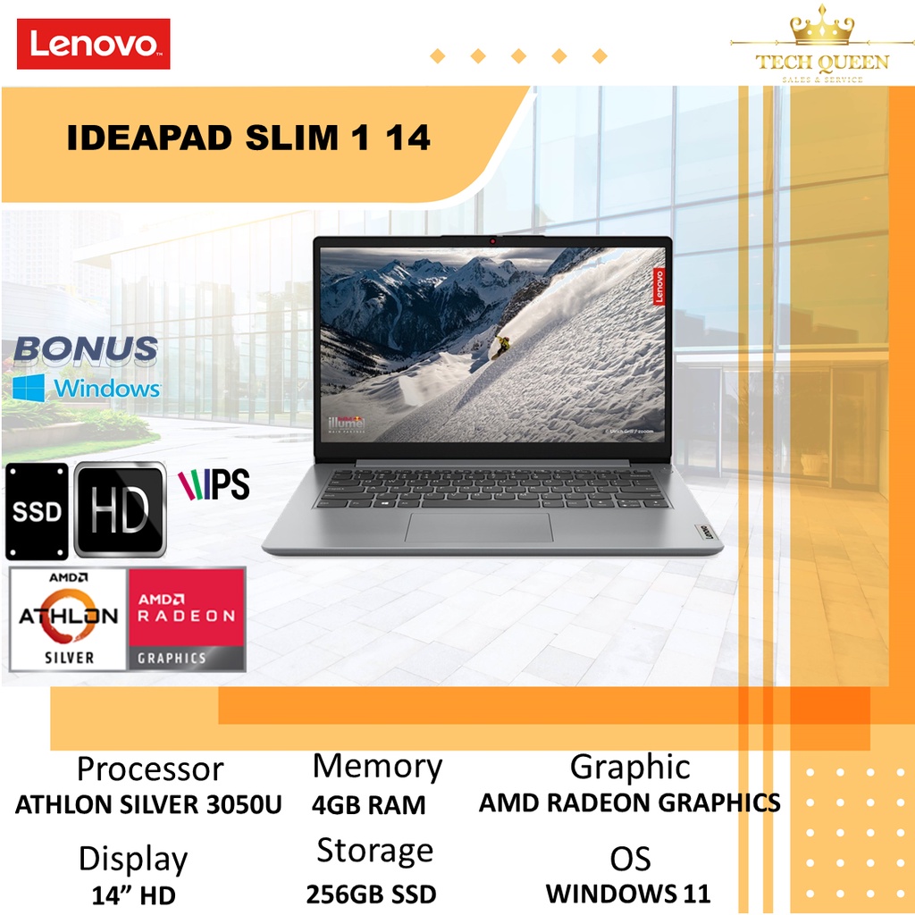 LENOVO IDEAPAD SLIM 1 - 14 ATHLON SILVER 3050U 4GB 256SSD RADEON WINDOWS 11+OHS 14.0 INCHI 2YR PREM CLOUD GRY