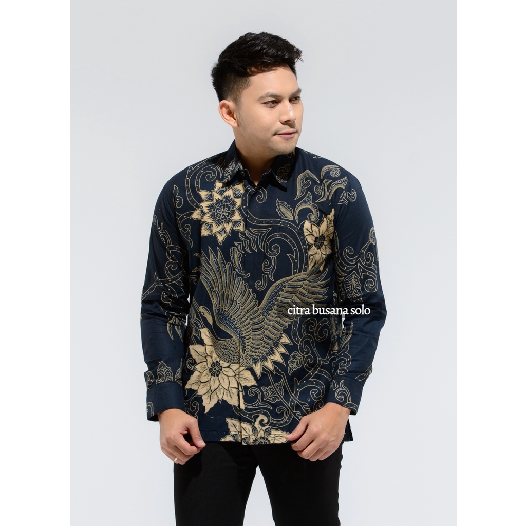 KEMBANG NAVY Kemeja Batik Pria Full Furing Bahan Katun Sragenan