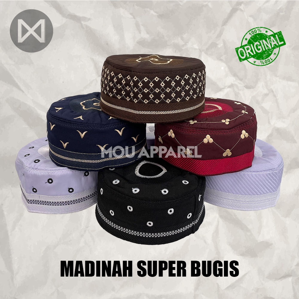 Peci MADINAH BUGIS Haji Kopiah Medina Santri Pesantren Dewasa Anak Laki Motif Model Bordir Kopyah Solat Hitam Putih Biru Dongker Navy Marun Coklat Polos Kopeah Pria Sholat Bulat Tinggi Murah Oman Malaysia Assagofah Terompah Turki Mesir NU Original Ori Uje