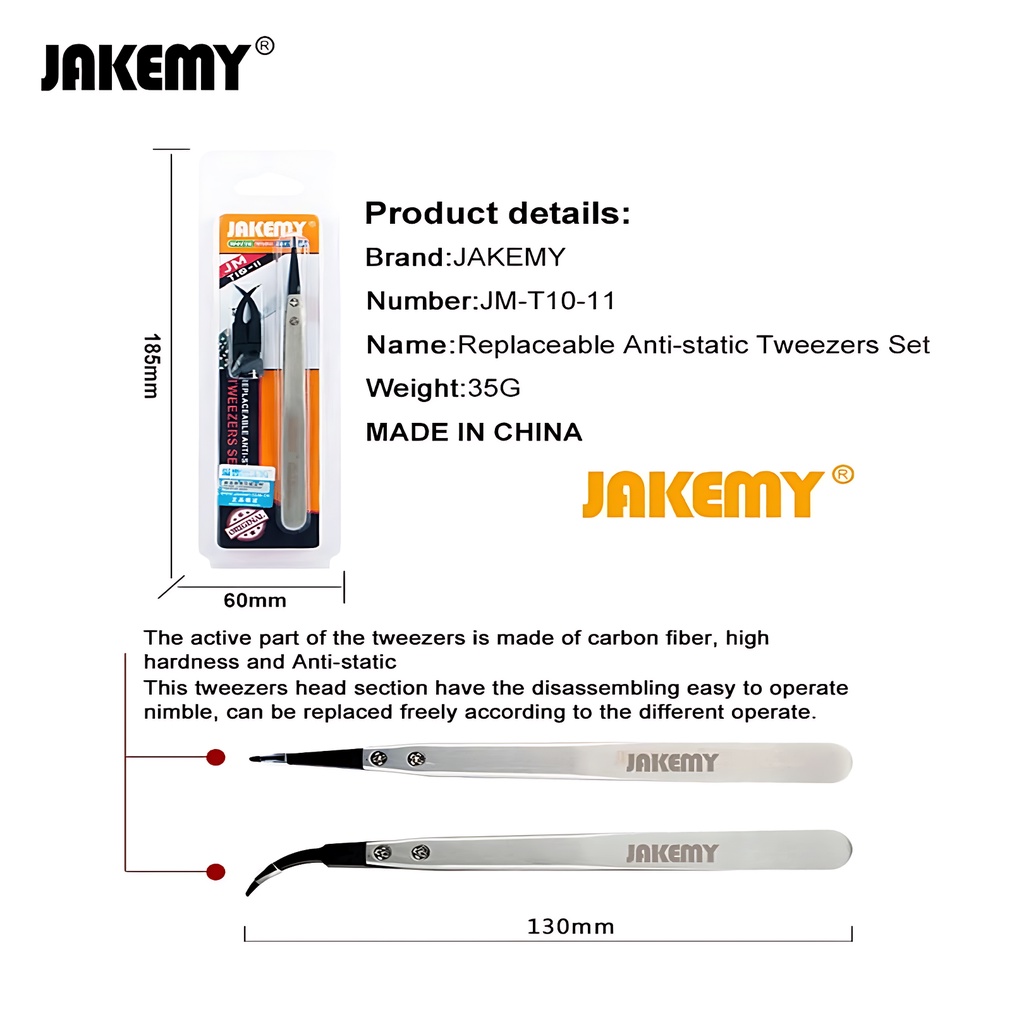 Jakemy Pinset Tweezers Stainless Steel Ujung 2pcs Lurus Bengkok Plastik Original JM-T10-11