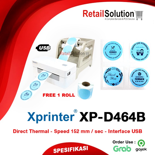 Printer Label Thermal USB 203 DPI - Xprinter XP-D464B / D-464B / D464