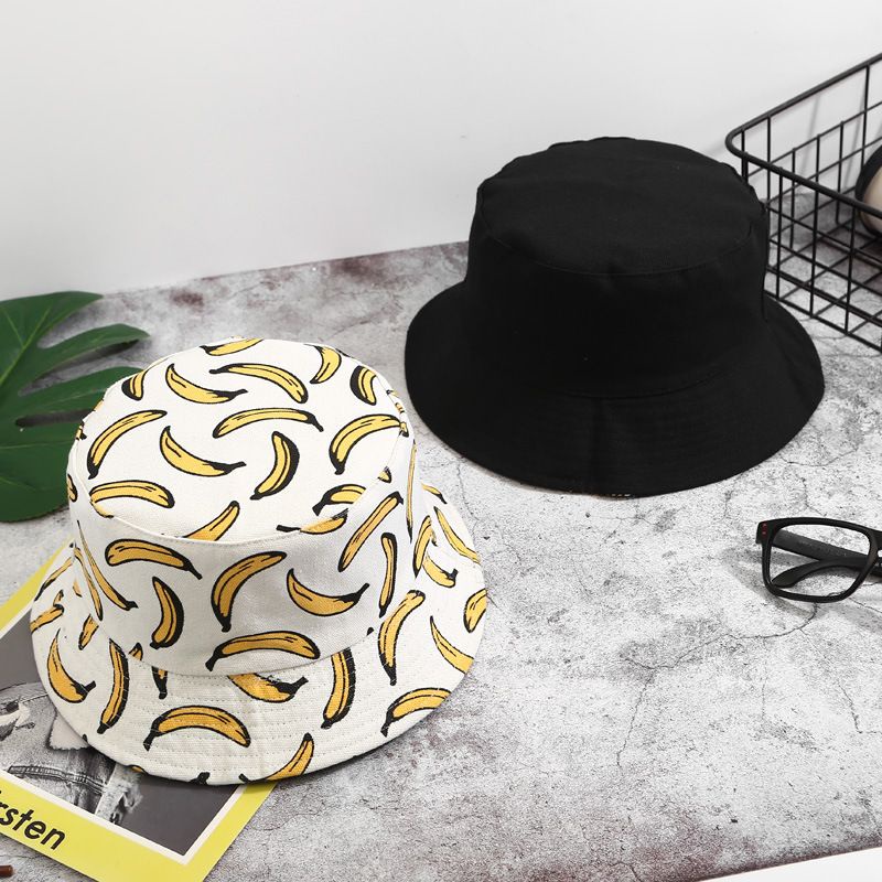 [littlecrab] Topi Bucket Motif Hawai Pisang Nenas 2 Sisi Two Side Fruit Fisherman Hat Unisex High Quality Korean Retro Style