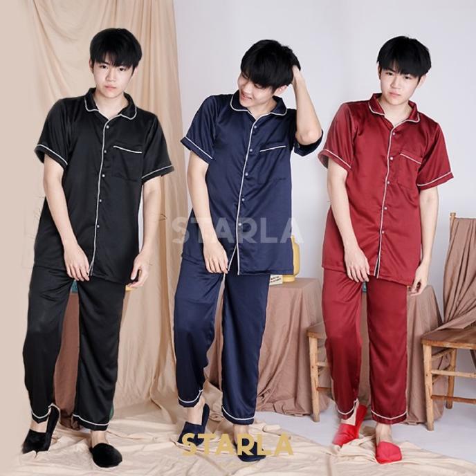 Best Piyama Baju Tidur Pria Satin Lengan Pendek Celana Panjang Hermes