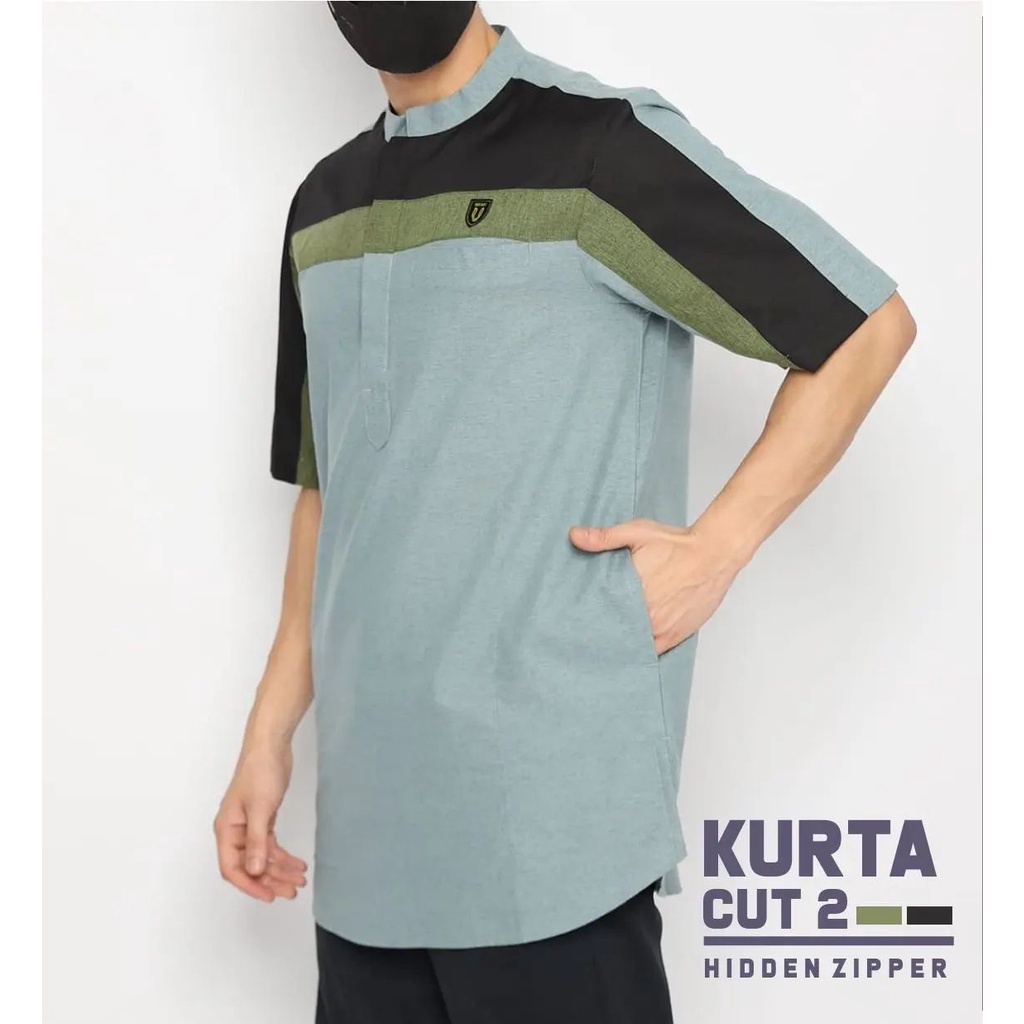 Koko Kurta Cut 2 Uhud Basic Short Hidden Zipper | Baju Muslim Pria Modern Premium Kombinasi