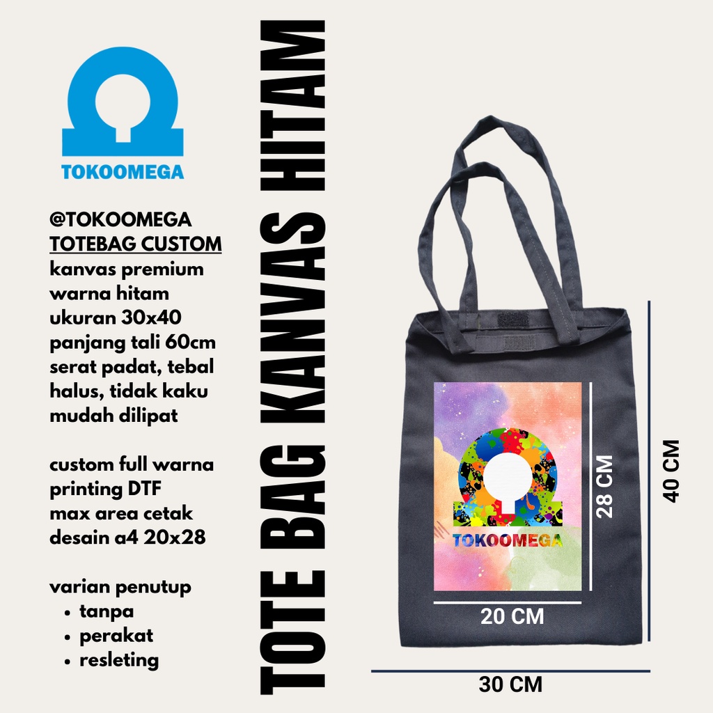 Totebag Custom Canvas Hitam, Tas Wanita Dan Pria, Tote Bag Resleting Kanvas Tebal, Tas Tote Bag Polos 30x40