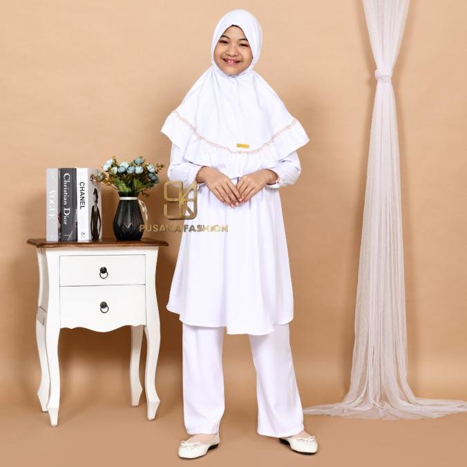 Best Tunik Setelan Celana Free Hijab Anak Perempuan Muslim Putih Polos 2023