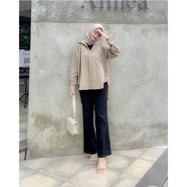 Kemeja Oversize Linen Olivia Polos Jumbo Kameja Lengan Panjang Wanita SR349