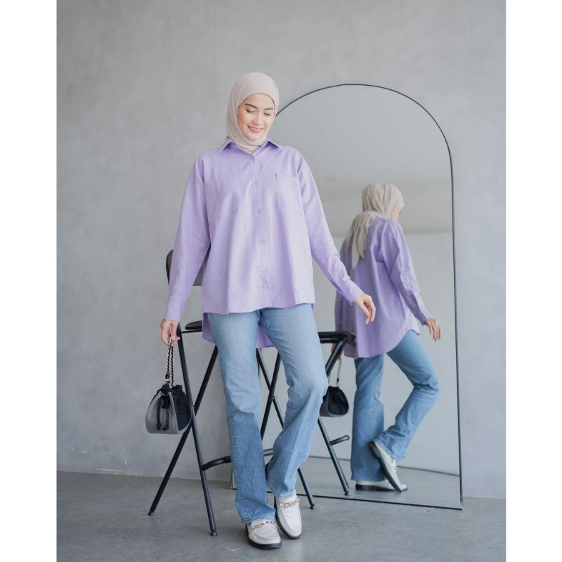 Kemeja Oversize Linen Olivia Polos Jumbo Kameja Lengan Panjang Wanita SR349