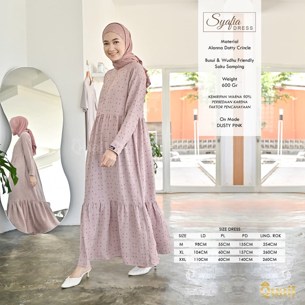 SYAFIA DRESS Gamis Busui & Wudhu Friendly Dotty Crincle by Quail Hijab Ori Murah