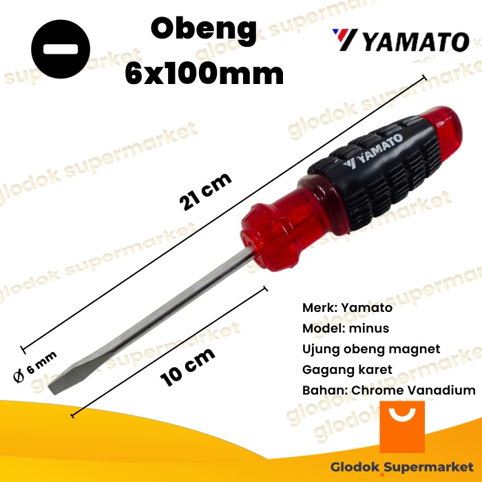 Obeng Minus 4 inch Yamato Diameter 6mm Panjang Besi 10cm Magnet Gagang Karet