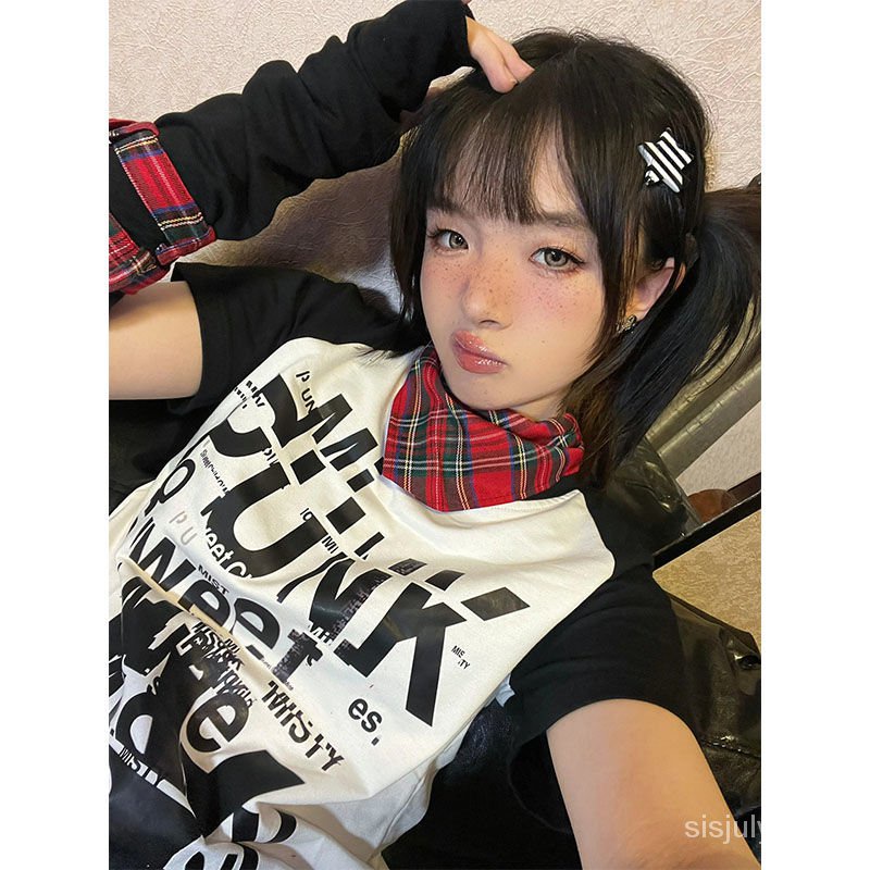 [✅BISA COD] #Sisjuly# Atasan Y2K Wanita / Gadis Mawar Hitam dan Putih Lengan Pendek Disambung / Kaos