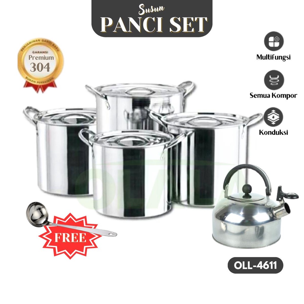 PANCI STOCK POT SET 4 SUSUN + TEKO STAINLESS STEEL MULTIFUNGSI OLL-CH4611