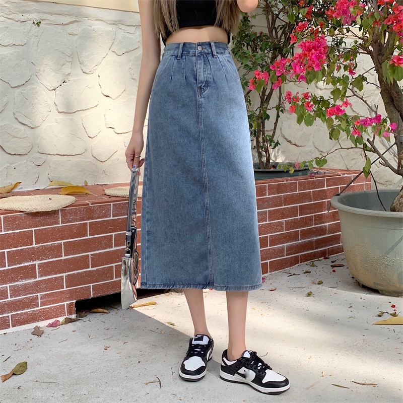 EUNII Korean Style A-line Skirt Midi Slit Rok Denim Panjang Wanita High Waist Skirt