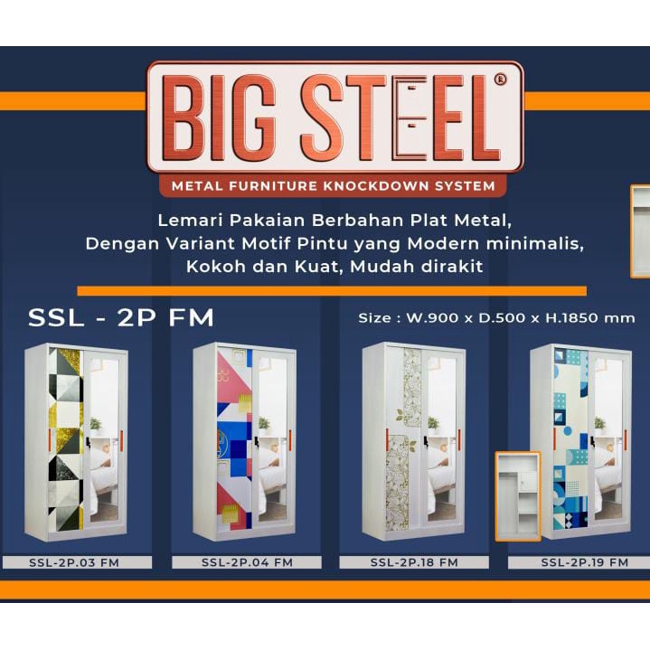 LEMARI BESI 2 PINTU SLIDING + KACA KUNCI / LEMARI PAKAIAN /LEMARI KEKINIAN