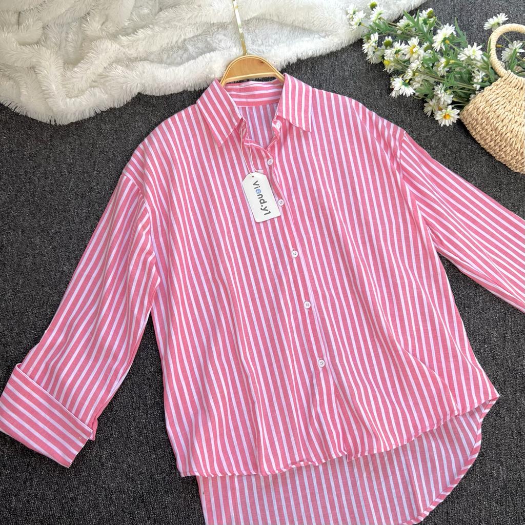 Kemeja Salur Wanita Oversize / Kemeja Korea Salur / Atasan Korean Style