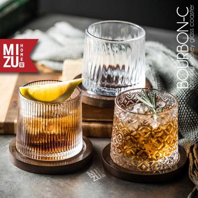 MIZU BOURBON-C Spinning Whiskey Glass Coaster Tatakan Gelas Puter Kayu