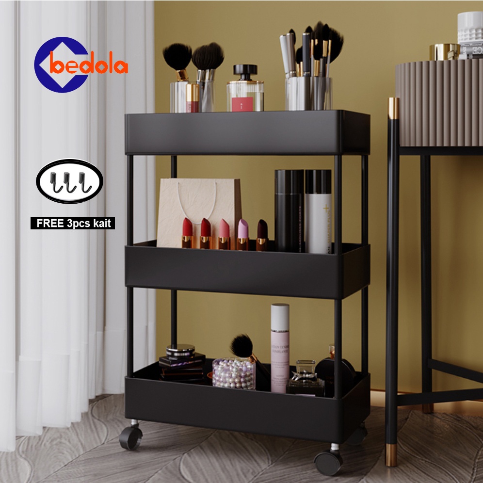 Bedola square rak dapur rak serbaguna rak troli rak kamar mandi 3 tingkat dengan roda