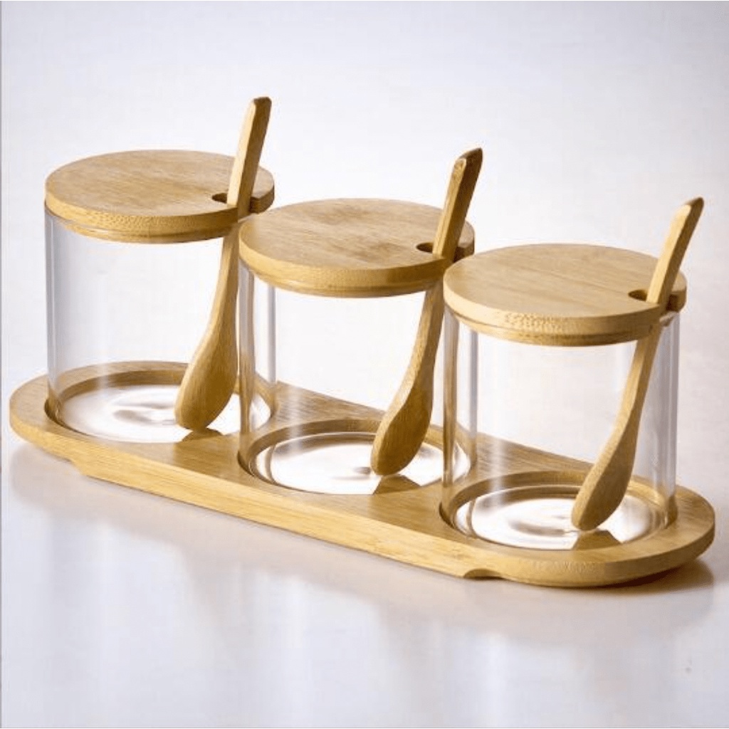 【RUMATIDY】Tempat Bumbu Dapur Borosilicate 3in1 Dengan Alas Tatakan dan Sendok Kayu Toples Bumbu Garam Gula Merica