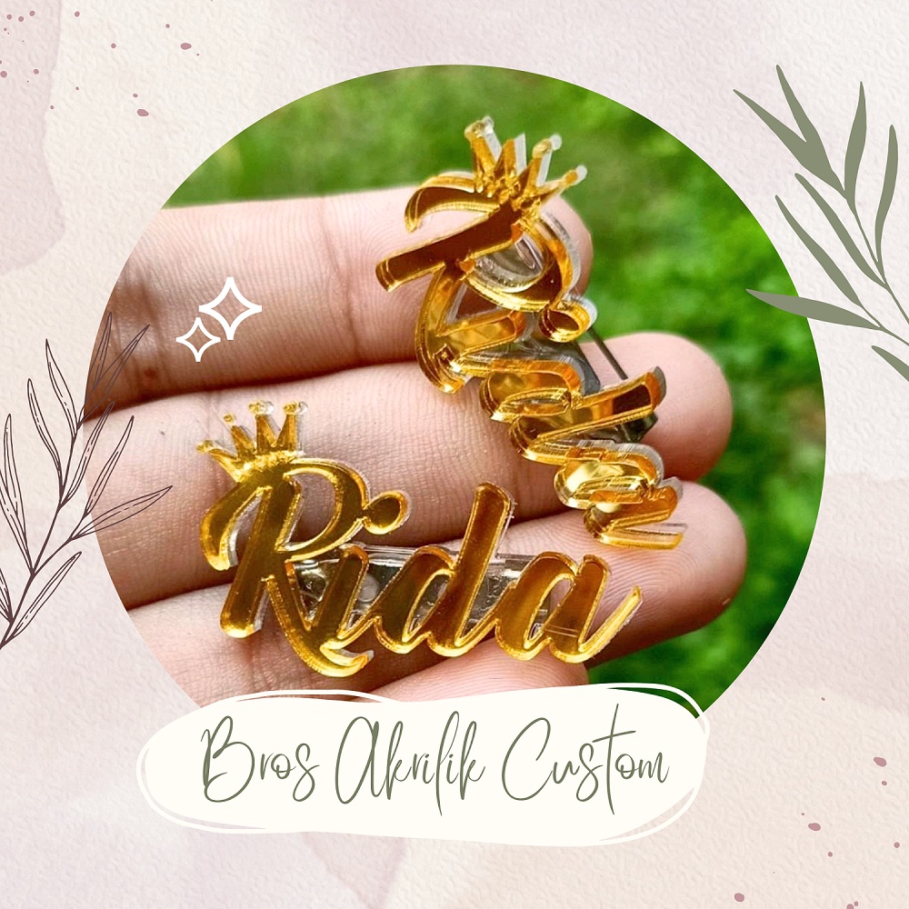 Bros Custom Nama Akrilik, Bros Nama Custom Mahkota, Bros Akrilik