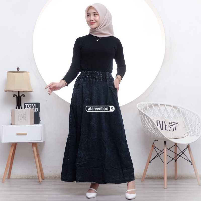 AFAREEN - Rok Jeans Panjang Wanita Line A Umbrella Mayung Span Denim Rok Jeans Motif Polos Pinggang Karet Kolor