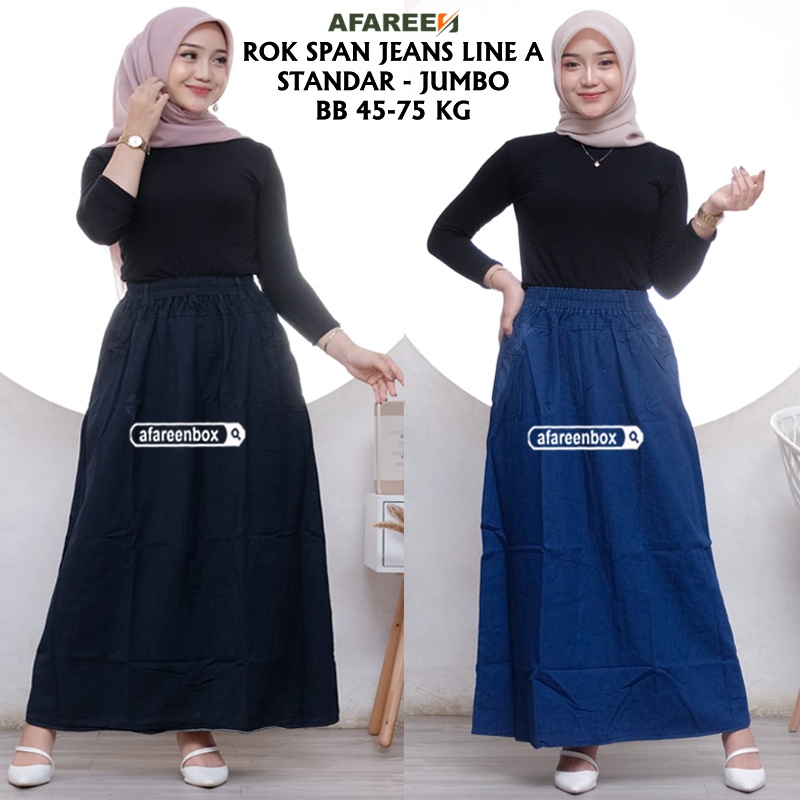 AFAREEN - Rok Jeans Panjang Wanita Line A Umbrella Mayung Span Denim Rok Jeans Motif Polos Pinggang Karet Kolor