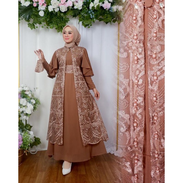 Gamis Emira Tile Sapto komunitas Payet Mutiara / Gamis Pesta Modern / Gamis Kondangan / Gamis Tile / Gamis Outer Lepas Pasang / Gamis Lamaran