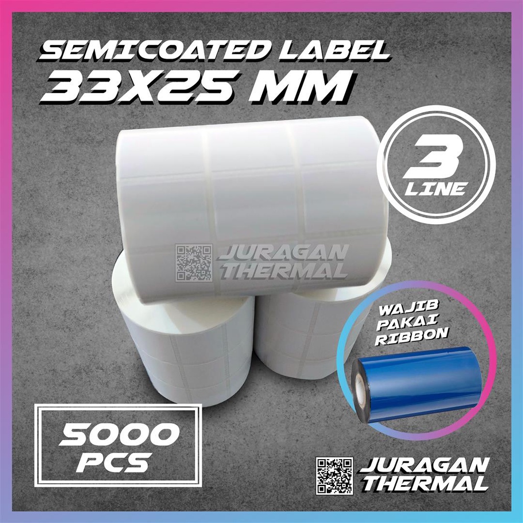 

Sticker Label Semicoated 33 x 25 mm (3 LINE) Kertas Stiker Barcode 30x25 mm isi 5000 PCS