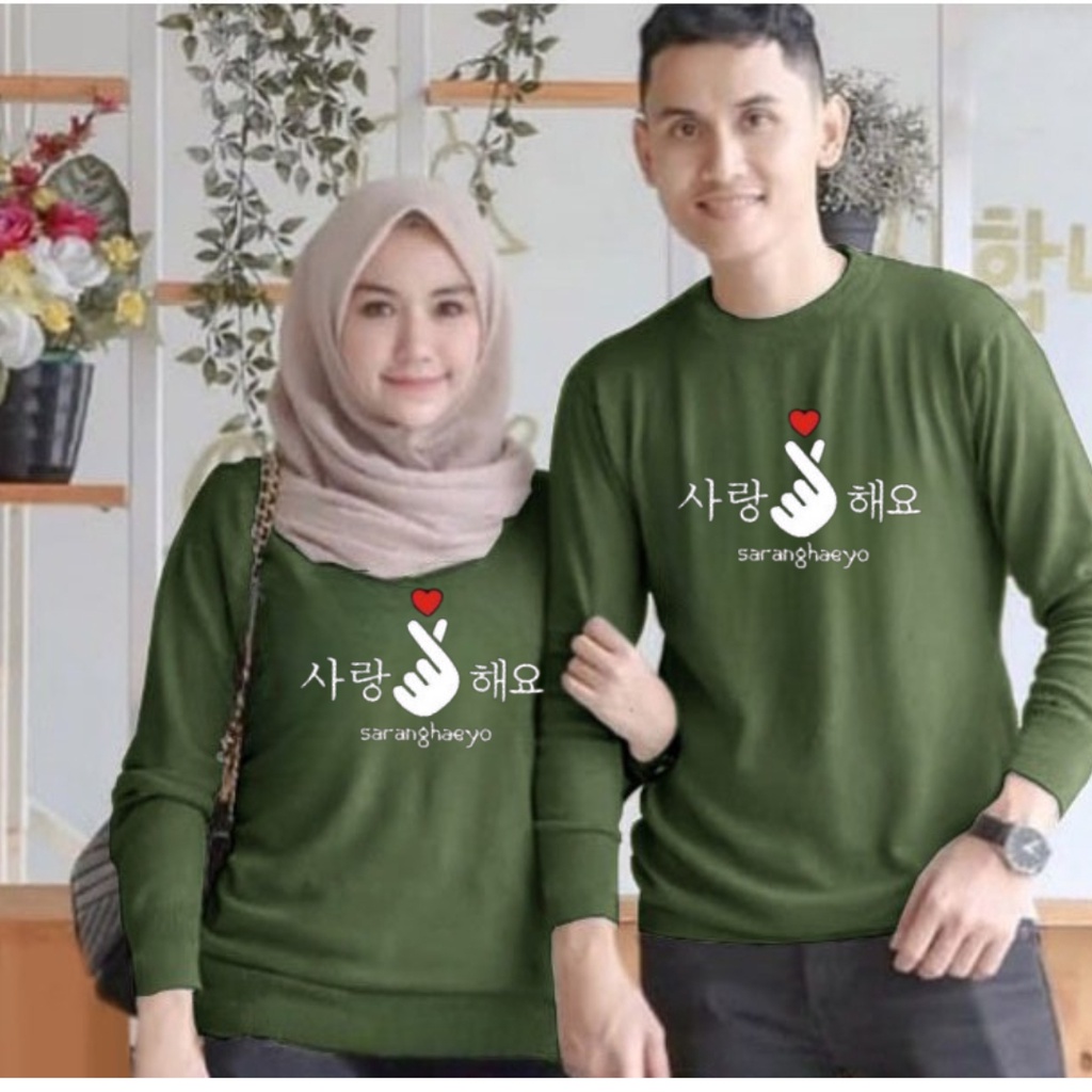 Baju lengan panjang couple saranghaeyo / baju distro trendy / baju terlaris / baju kekinian / harga sudah termasuk 2pcs