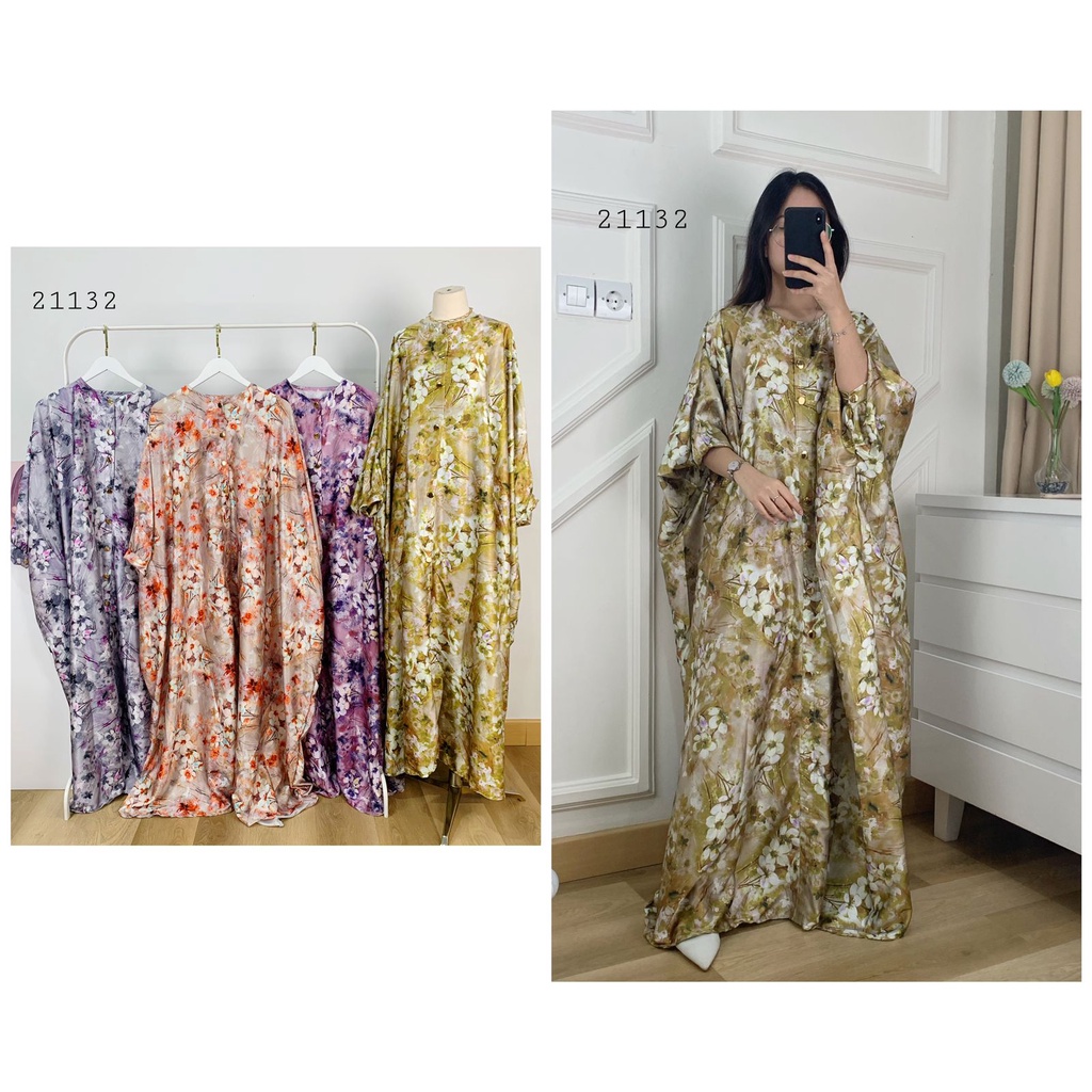 21132 LONG MAXI KAFTAN SATIN LICIN PREMIUM GAMIS KAFTAN JUMBO FULL MOTIF FLOWER PRINT PREMIUM SATIN 