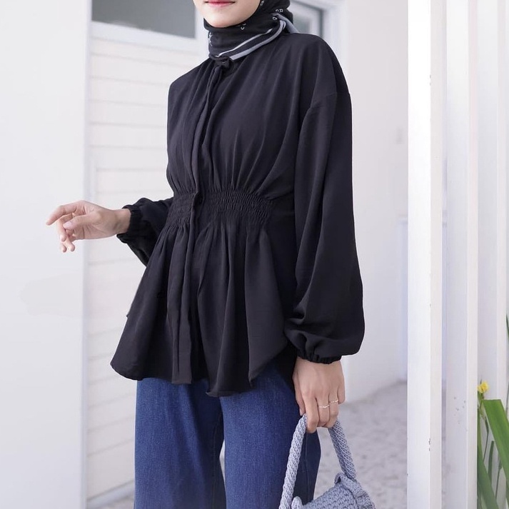 Kemeja Blouse Crinkle Airflow Wanita Lengan Balon Kerut Perut Bw06