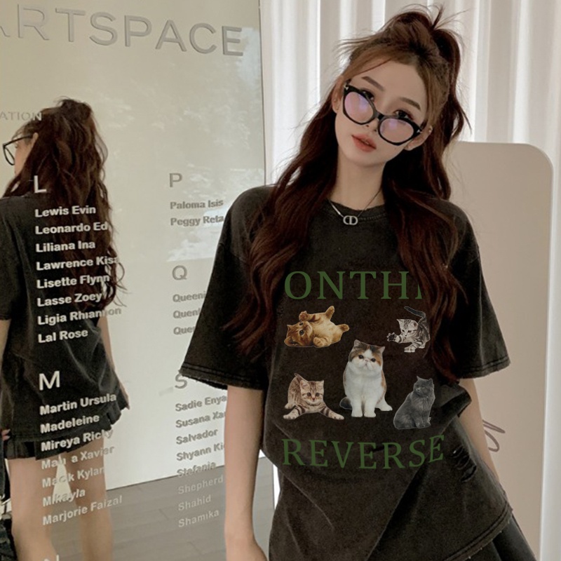 Print Washed T-shirt Kaos Lengan Pendek Oversize Hitam Cartoon Cats Korean Style Atasan Wanita