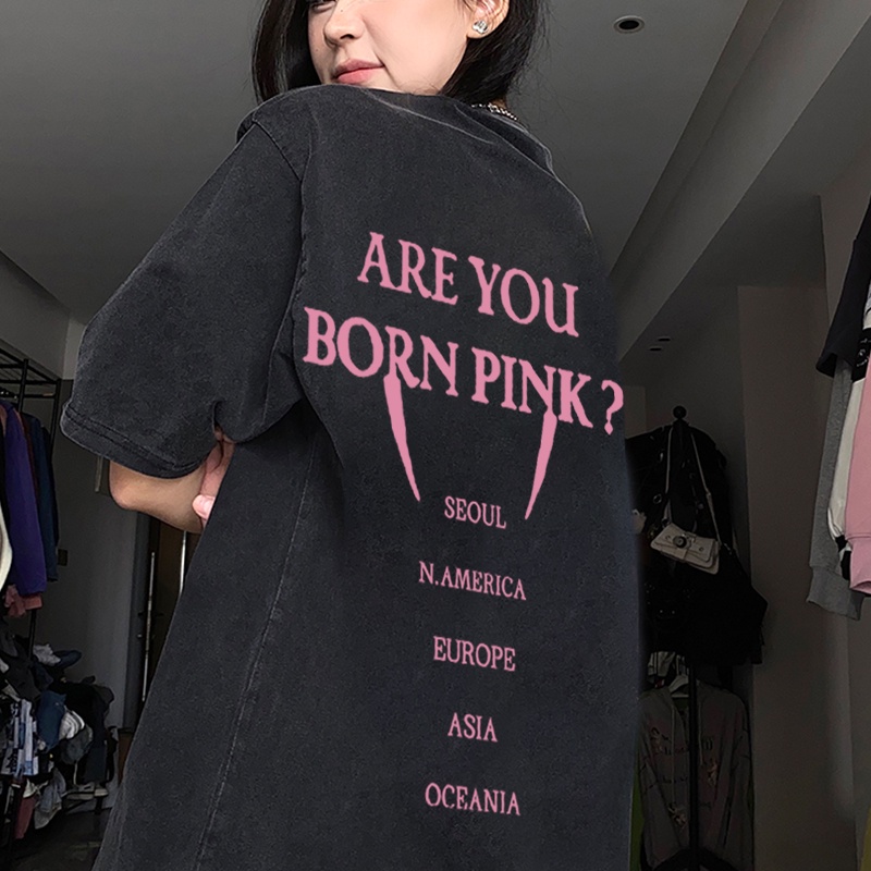 Print Washed T-shirt Kaos Lengan Pendek Oversize Hitam Retro BlackPink Korean Style Atasan Wanita