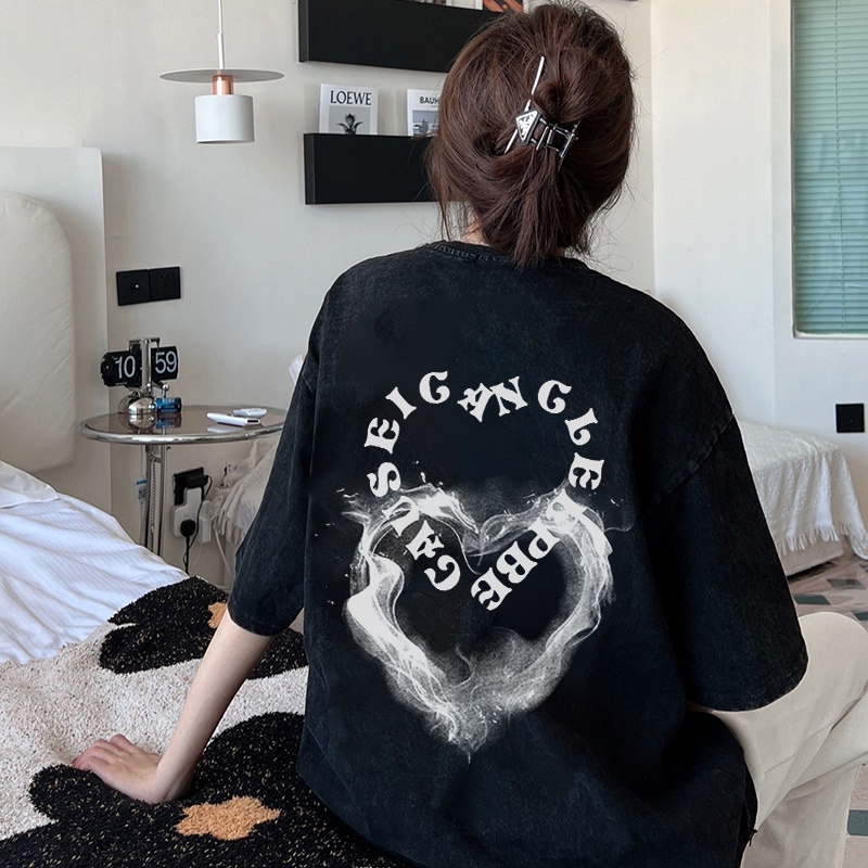 Print Washed T-shirt Kaos Lengan Pendek Oversize Hitam Retro Love Ink Korean Style Atasan Wanita