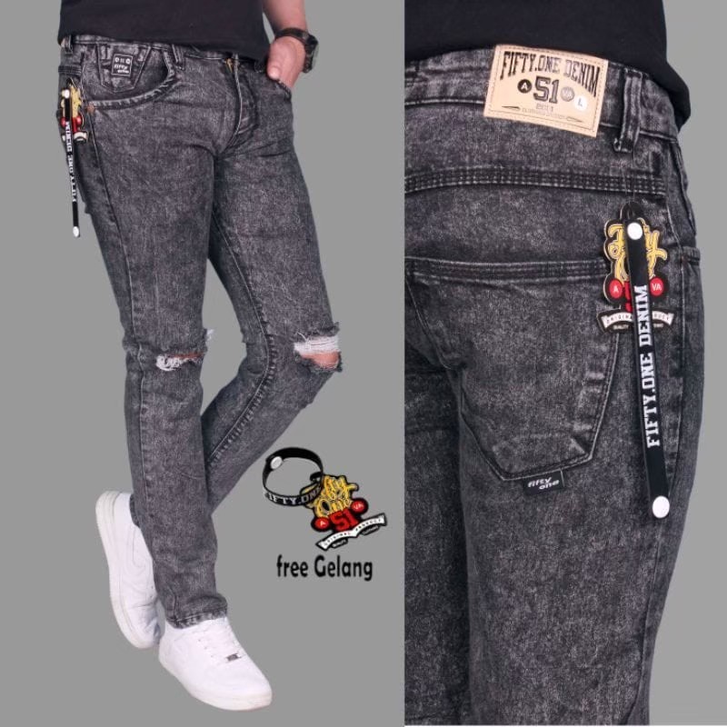 BELVANA Celana Jeans Sobek Lutut Sandwash Pria Jeans Skiny