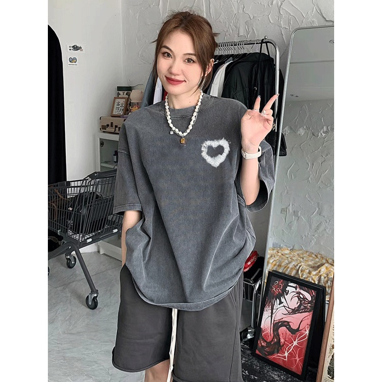 EUNII T-shirt Lengan Pendek Black Washed Vintage Love Ink Printing Korean Style/Kaos Atasan Wanita/Baju Wanita