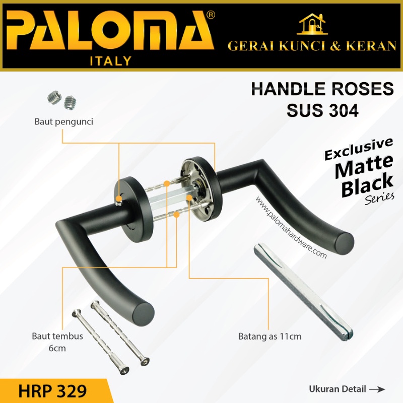 PALOMA HRP 329 HANDLE PINTU ROSES VANIA STAINLESS HITAM MATTE BLACK