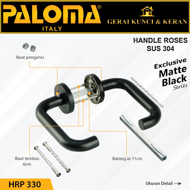 PALOMA HRP 330 HANDLE PINTU ROSES PABLO STAINLESS HITAM MATTE BLACK