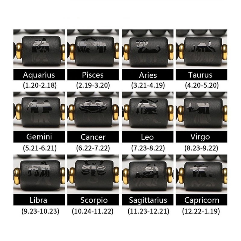 Dua Belas Konstelasi Gelang Batu Akik Hitam12 Zodiak Manik-Manik Batu Alam Gelang Elastis Untuk Pria Dan Wanita