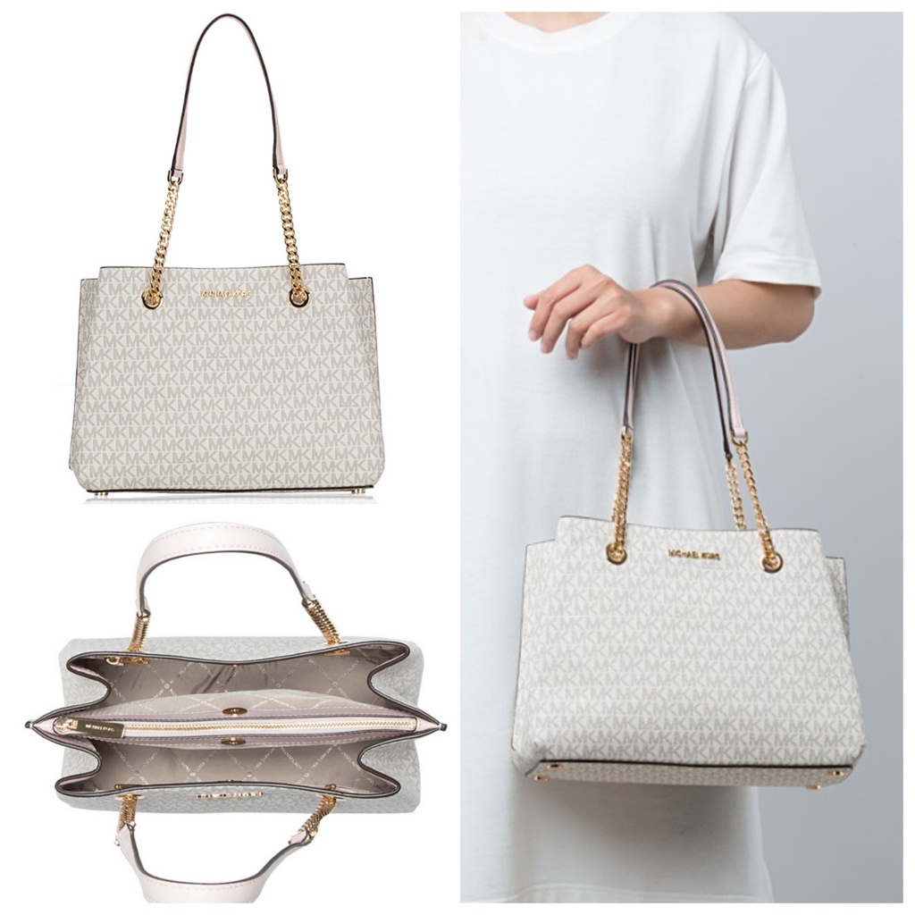 Tas MK Teagen large long drop satchel sign vanilla powder blush sz 30x23x15cm