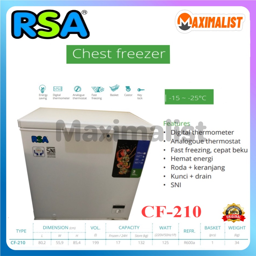 RSA CF-220 CF220 CF 220 CF-210 CF210 Chest Freezer - Box Pembeku - Kabinet Pembeku 220 Liter - Putih