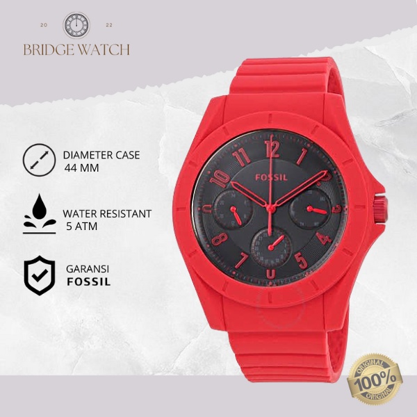 Jam Tangan Pria Fossil Poptastic FS5289 Original Chronograph Red Rubber Analog Strap Silicone Cowok Water Resistant Sport Luxury Men Watch Casual Elegan