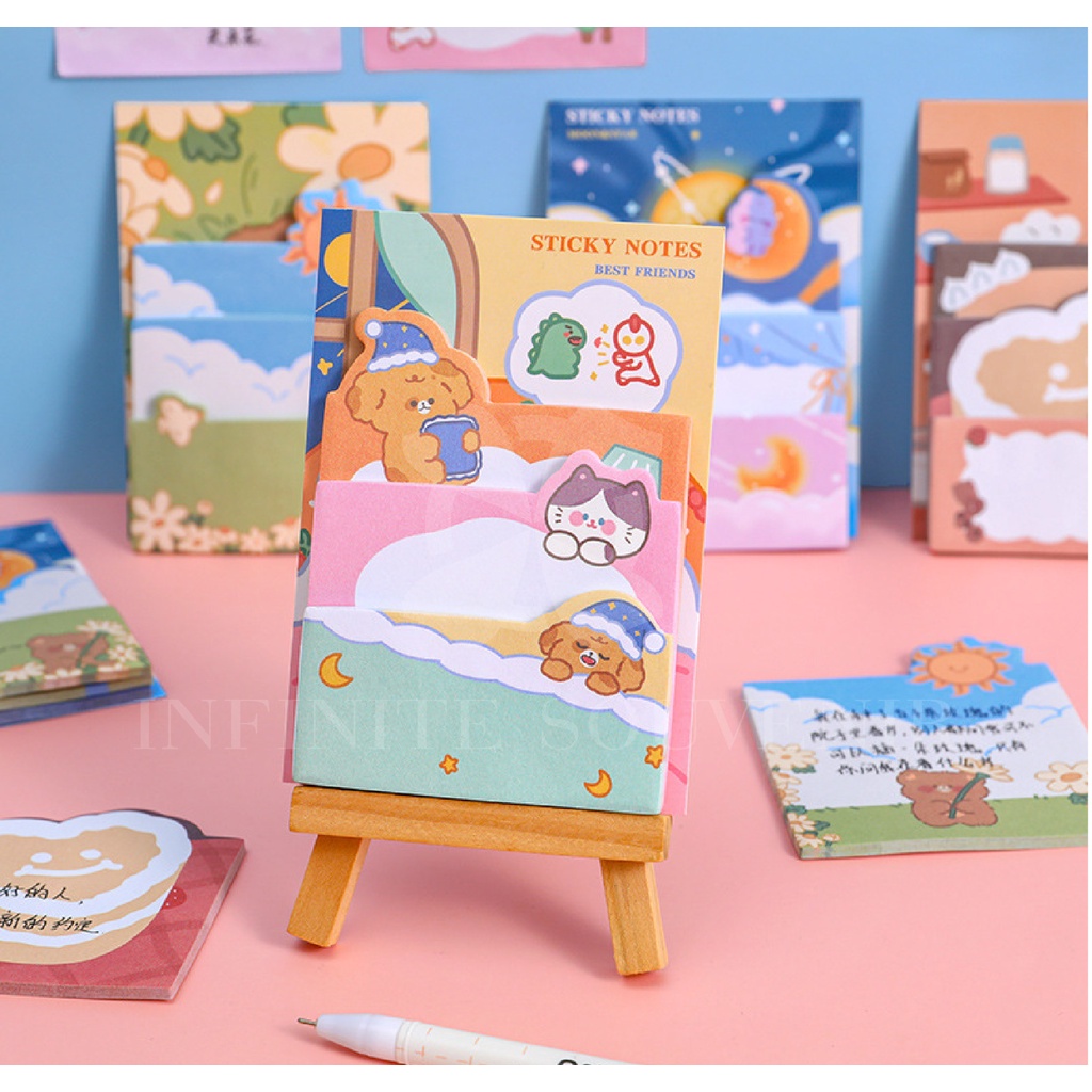 Sticky Notes 3in1 / Stick Note / Stick Maker / Kertas Memo Gambar Karakter Lucu Warna - Warni / Memo Tempel / Pembatas Buku Karakter Isi 90 Lembar