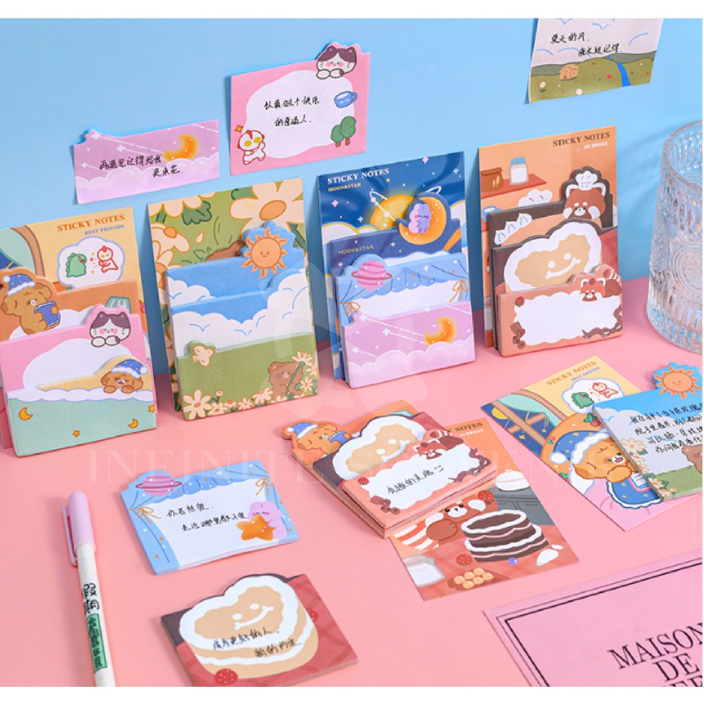 Sticky Notes 3in1 / Stick Note / Stick Maker / Kertas Memo Gambar Karakter Lucu Warna - Warni / Memo Tempel / Pembatas Buku Karakter Isi 90 Lembar